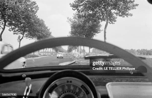 Speed Control. En campagne, dans une voiture roulant sur sur une route bordée d'arbres, le compteur de vitesse et le champ de vision du conducteur à...