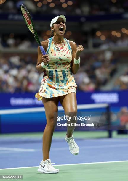 Madison Keys of the United States celebrates match point against Marketa Vondrousova of the Czech Republic during their Women's Singles Quarterfinal...