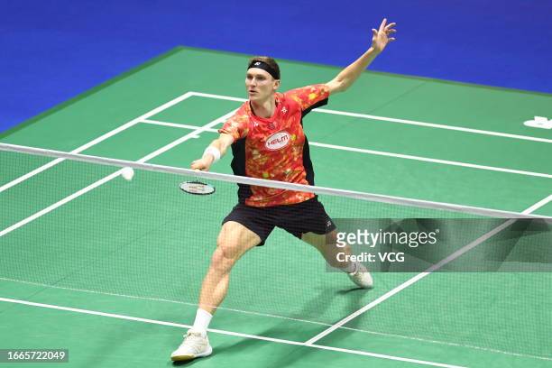 Viktor Axelsen of Denmark competes in the Men's Singles second round match against Wang Tzu-wei of Chinese Taipei on day 3 of the Victor China Open...