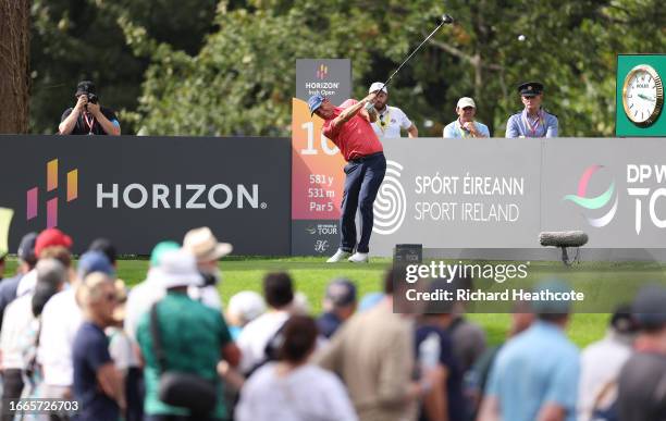 Padraig Harrington of Ireland tees off on the 10th hole during Day One of the Horizon Irish Open at The K Club on September 07, 2023 in Straffan,...