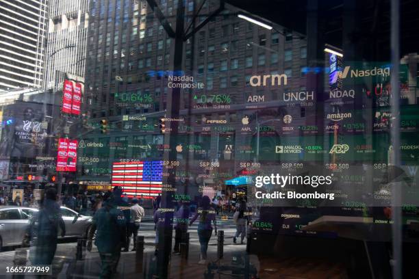 Arm Holdings Plc signage during the company's IPO at the Nasdaq MarketSite in New York, US, on Thursday, Sept. 14, 2023. SoftBank Group Corp....