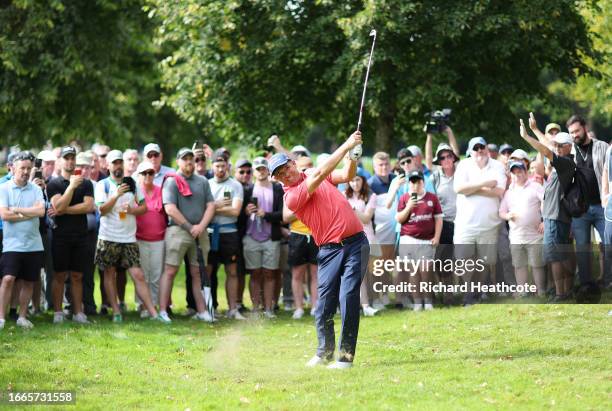 Padraig Harrington of Ireland plays his second shot on the 10th hole during Day One of the Horizon Irish Open at The K Club on September 07, 2023 in...