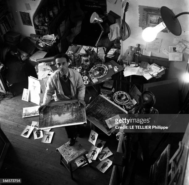 Close-Up Of Jean Carzou. Paris- 5 juin 1955- Chez lui, dans son appartement atelier, Jean CARZOU, peintre, graveur et décorateur français d'origine...