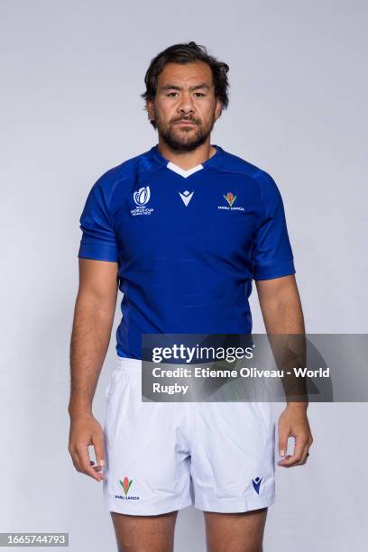 Steven Luatua of Samoa poses for a portrait during the Samoa Rugby World Cup 2023 Squad photocall on September 05, 2023 in Montpellier, France.