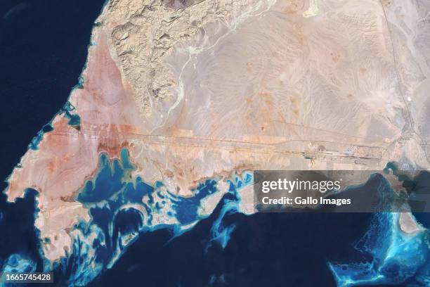 Satellite view of construction progress at the Western portion of NEOM, The Line, Saudi Arabia.