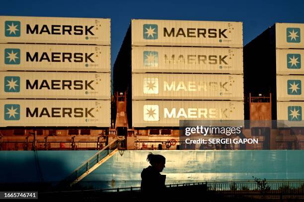 Containers of Danish shipping and logistics company Maersk are seen in Copenhagen, Denmark, on September 14, 2023. Built in South Korea by Hyundai...