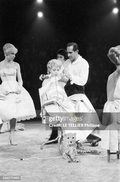 At The Antonio Circus. Paris- 7 Octobre 1959- Au cirque ANTONIO, le Coiffeur coiffant une jeune femme en robe longue à brides, assise sur un fauteuil...