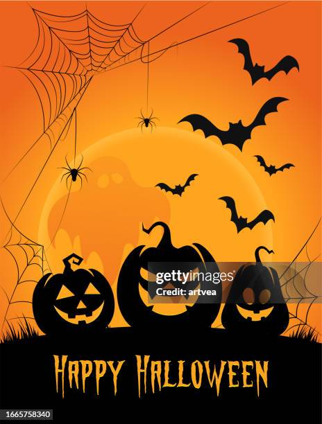 stockillustraties, clipart, cartoons en iconen met happy halloween orange background - spinnenweb