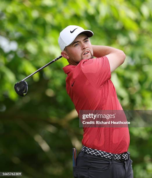 Alex Fitzpatrick of England tees off on the 11th hole during Day One of the Horizon Irish Open at The K Club on September 07, 2023 in Straffan,...