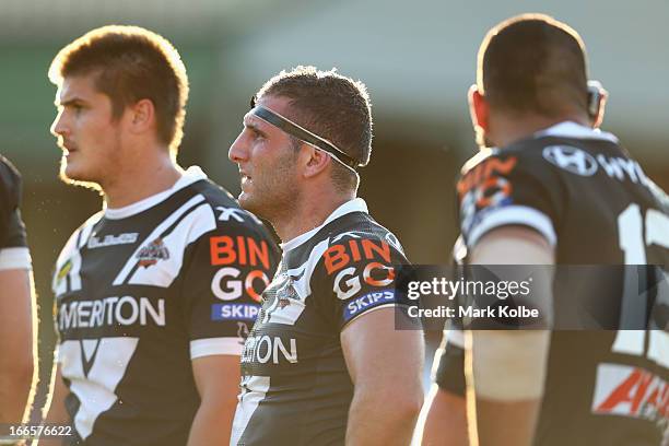 Robbie Farah of the Wests Tigers looks dejected after a Dragons try during the round six NRL match between the Wests Tigers and the St George...