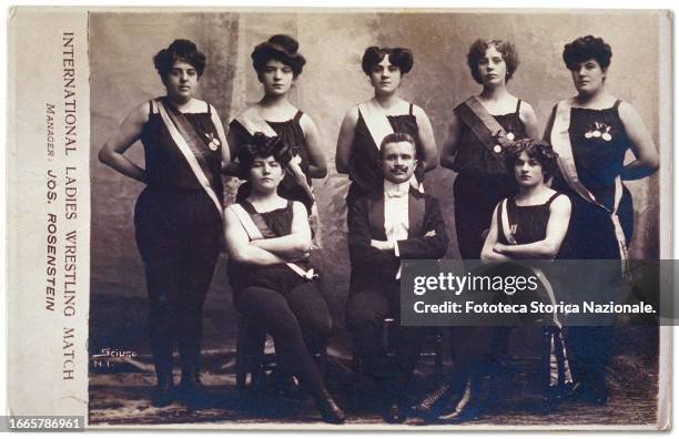 Group photograph with the manager Jos Rosenstein, at the International women's wrestling match, United Kingdom, circa 1910.