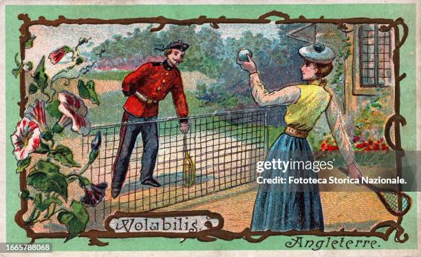 The Ipomea in England, chromolithograph figurine from a series dedicated to exotic plants, on the right a couple of man and woman playing tennis in...