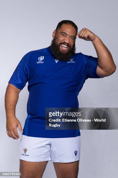 Charlie Faumuina of Samoa poses for a portrait during the Samoa Rugby World Cup 2023 Squad photocall on September 05, 2023 in Montpellier, France.