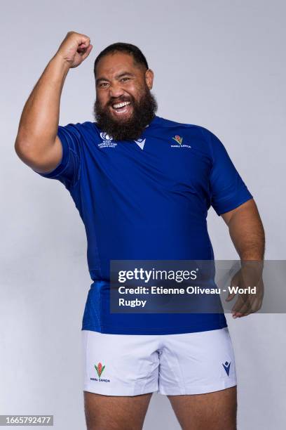 Charlie Faumuina of Samoa poses for a portrait during the Samoa Rugby World Cup 2023 Squad photocall on September 05, 2023 in Montpellier, France.