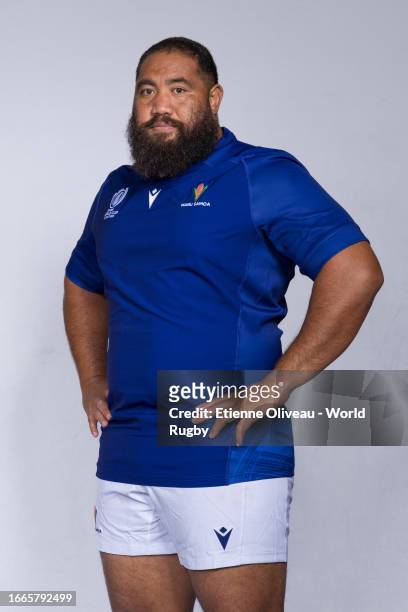 Charlie Faumuina of Samoa poses for a portrait during the Samoa Rugby World Cup 2023 Squad photocall on September 05, 2023 in Montpellier, France.