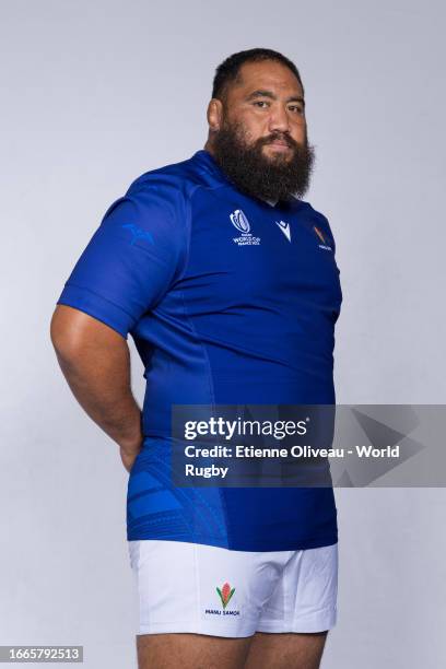 Charlie Faumuina of Samoa poses for a portrait during the Samoa Rugby World Cup 2023 Squad photocall on September 05, 2023 in Montpellier, France.