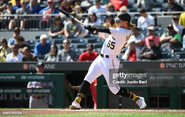 Jack Suwinski of the Pittsburgh Pirates hits a solo home run in the second inning during the game against the Washington Nationals at PNC Park on...