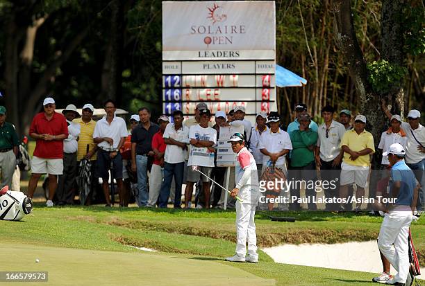 Thammanoon Sriroj of Thailand in action during day four of the Solaire Open at Wack Wack Golf and Country Club on April 14, 2013 in Manila,...