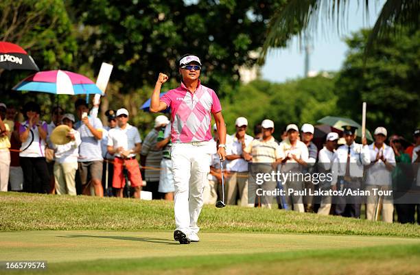 Lin Wen-tang of Chiense Taipei celebrates during day four of the Solaire Open at Wack Wack Golf and Country Club on April 14, 2013 in Manila,...