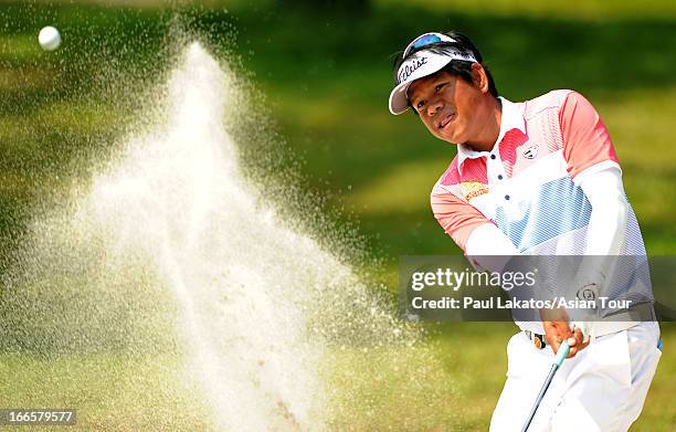 Thammanoon Sriroj of Thailand in action during day four of the Solaire Open at Wack Wack Golf and Country Club on April 14, 2013 in Manila,...