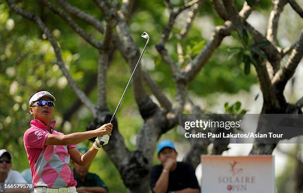 Lin Wen-tang of Chiense Taipei in action during day four of the Solaire Open at Wack Wack Golf and Country Club on April 14, 2013 in Manila,...