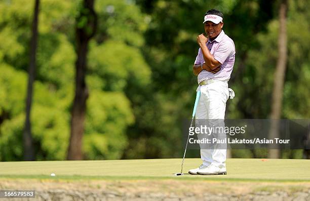 Elmer Salvador of the Philippines in action during day four of the Solaire Open at Wack Wack Golf and Country Club on April 14, 2013 in Manila,...