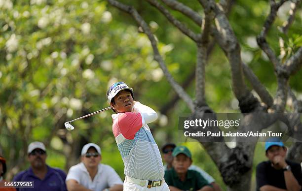 Thammanoon Sriroj of Thailand in action during day four of the Solaire Open at Wack Wack Golf and Country Club on April 14, 2013 in Manila,...