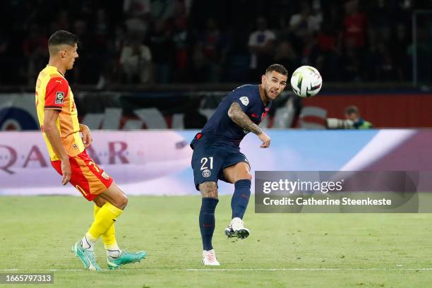 Lucas Hernandez of Paris Saint-Germain shoots the ball during the Ligue 1 Uber Eats match between Paris Saint-Germain and RC Lens at Parc des Princes...