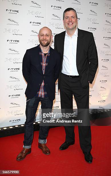 Juergen Vogel and Peter Modelhart of Jaguar attend the Jaguar F-Type short film 'The Key' Premiere at e-Werk on April 13, 2013 in Berlin, Germany.