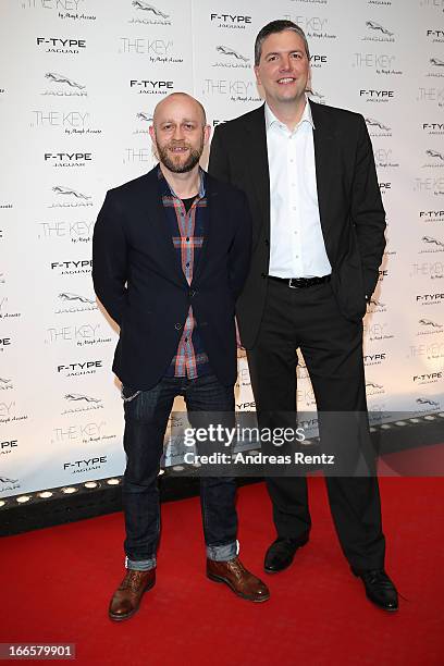 Juergen Vogel and Peter Modelhart of Jaguar attend the Jaguar F-Type short film 'The Key' Premiere at e-Werk on April 13, 2013 in Berlin, Germany.