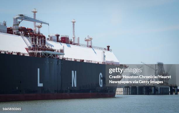 Large liquified natural gas transport ship sits docked in the Calcasieu River on Wednesday, June 7 near Cameron, La.