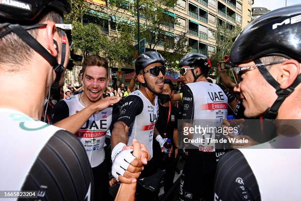 Stage winner Juan Sebastian Molano Benavides of Colombia and UAE Team Emirates reacts with his teammates after the 78th Tour of Spain 2023, Stage 12...
