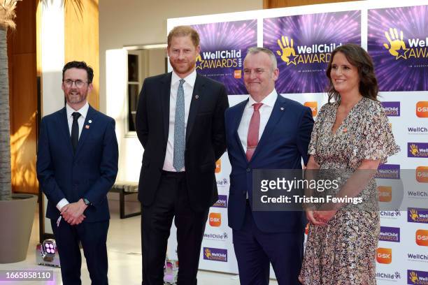 Matt James, Prince Harry, Duke of Sussex, Craig Hatch and Sally Jackson attend the 2023 WellChild Awards at The Hurlingham Club on September 07, 2023...