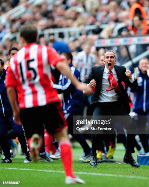 Sunderland manager Paolo Di Canio celebrates with the team after the third Sunderland goal during the Barclays Premier League match between Newcastle...