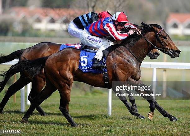 Johnny Murtagh riding Fort Knox win The Leopardstown 2,000 Guineas Trial Stakes at Leopardstown racecourse on April 14, 2013 in Dublin, Ireland.