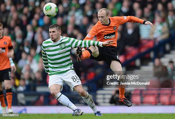 Gary Hooper of Celtic battles with Willo Flood of Dundee United during The William Hill Scottish Cup Semi Final between Dundee United and Celtic at...