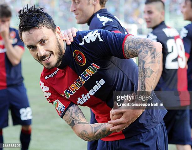 Mauricio Pinilla of Cagliari celebrates after scoring their second goal during the Serie A match between Cagliari Calcio and FC Internazionale Milano...