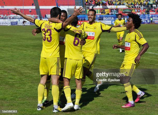 Players of FC Anzhi Makhachkala celebrate after scoring a goal during the Russian Premier League match between FC Volga Nizhny Novgorod and FC Anzhi...