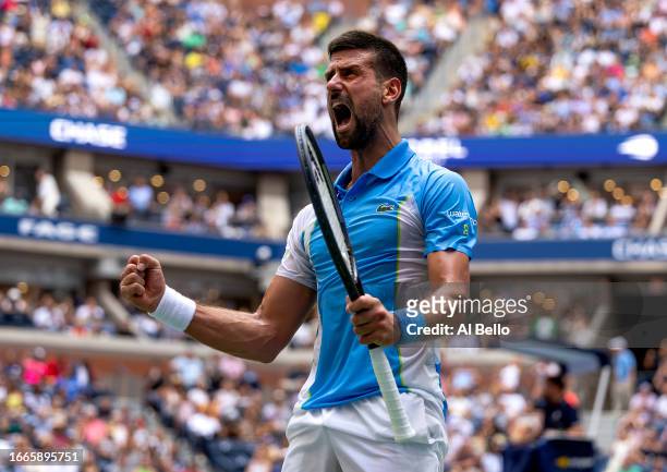 Novak Djokovic of Serbia celebrates winning his Men's Singles Quarterfinal match against Taylor Fritz of the United States on Day Nine of the 2023 US...