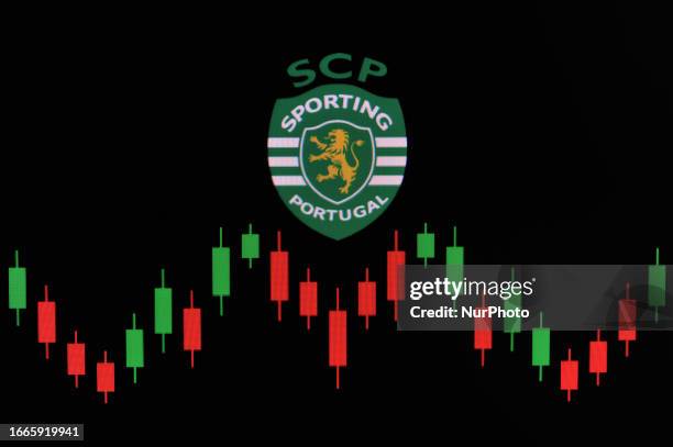 Sporting Clube de Portugal football club logo and a stock market exchange graph displayed on a personal computer are seen in L'Aquila, Italy, on...