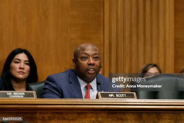 Ranking member Sen. Tim Scott speaks during a hearing with the Senate Banking, Housing, and Urban Affairs committee on Capitol Hill on September 07,...