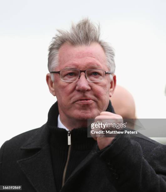 Manager Sir Alex Ferguson of Manchester United celebrates during the Barclays Premier League match between Stoke City and Manchester United at...