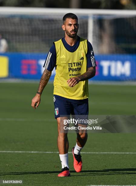 Leonardo Spinazzola of Italy in action during Italy training session at Centro Tecnico Federale di Coverciano on September 07, 2023 in Florence,...