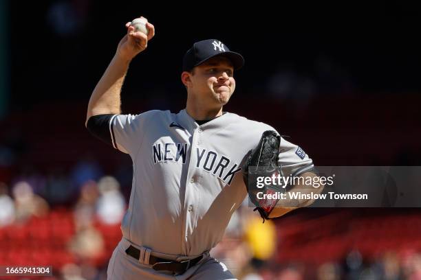 Michael King of the New York Yankees pitches against the Boston Red Sox during the first inning of game one of a doubleheader at Fenway Park on...