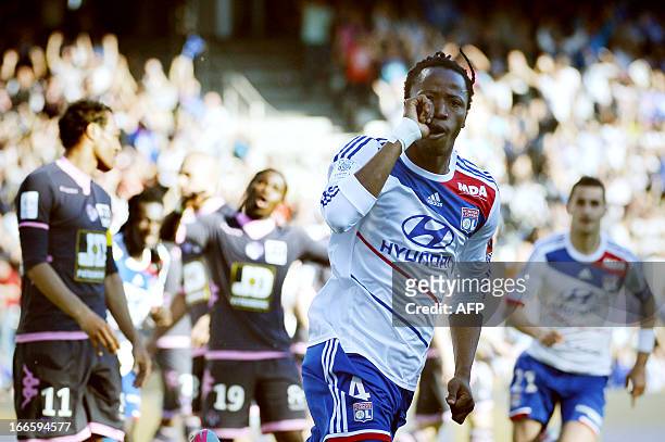 Lyon's Burkinabe defender Bakary Kone celebrates after scoring a goal during the French L1 football match Olympique Lyonnais vs Toulouse Football...