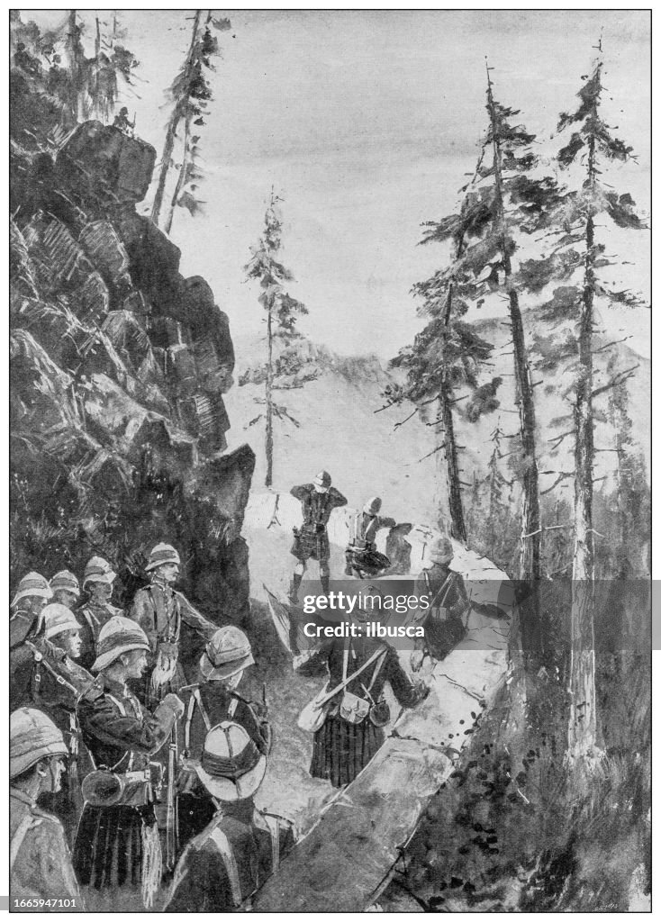 Antique image from British magazine: Hill camp manoeuvres, North West Province, India