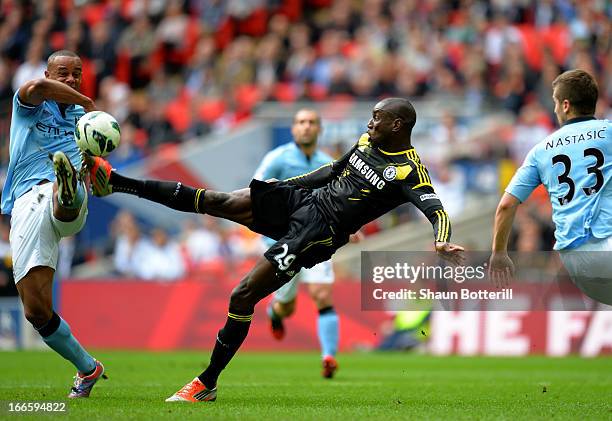 Demba Ba of Chelsea scores their first goal during the FA Cup with Budweiser Semi Final match between Chelsea and Manchester City at Wembley Stadium...