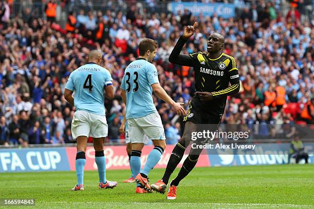 Demba Ba of Chelsea celebrates as he scores their first goal during the FA Cup with Budweiser Semi Final match between Chelsea and Manchester City at...