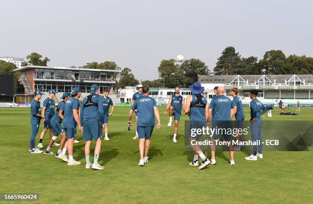 Players and coaches warming up ahead of the England U19 Training at New Road on September 07, 2023 in Worcester, England.