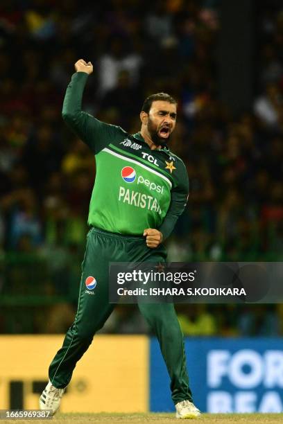 Pakistan's Iftikhar Ahmed celebrates after taking the wicket of Sri Lanka's Kusal Mendis during the Asia Cup 2023 Super Four one-day international...